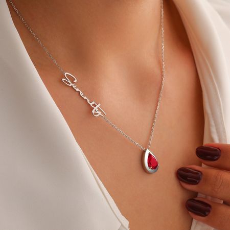Personalisierter Diamant-Geburtsstein, Tropfenstein mit Namenskette, Multi-Edelstein-Anhänger für Sie